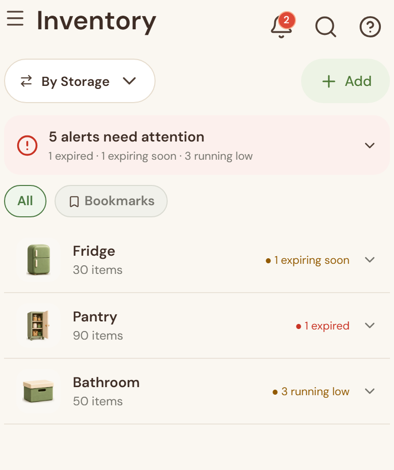 Beavely Inventory: Fridge, 30 items, 1 expiring soon; Pantry, 90 items, 1 expired; Bathroom, 50 items, 3 running low